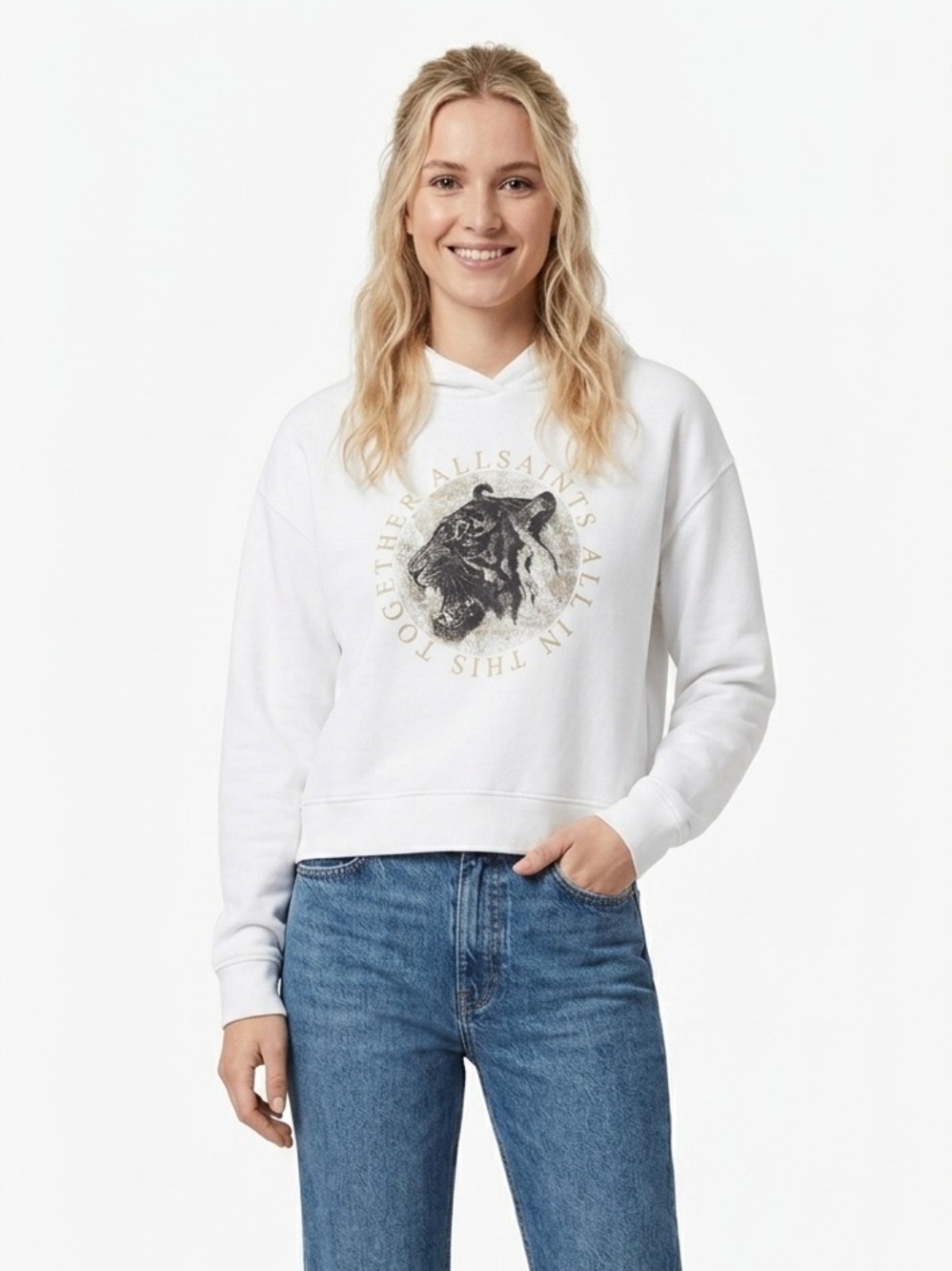 All Saints Lia Jen All in This Together Tiger Graphic White Hoodie size small